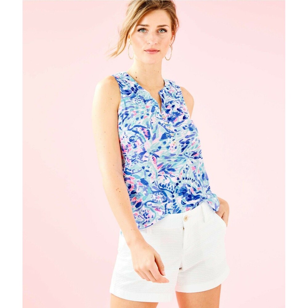 Lilly Pulitzer Essie Tank Blouse Top Smocked Printed Resort Cotton XXS 257135